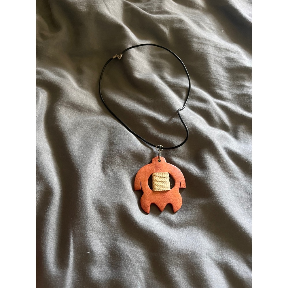 Handmade Wooden Sea Turtle Pendant Necklace Orange Wood Twine Detail Black Cord